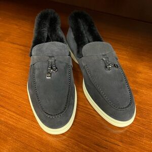 New Loro Piana loafers dark navy summer charms walk fur lined insole 36.5
